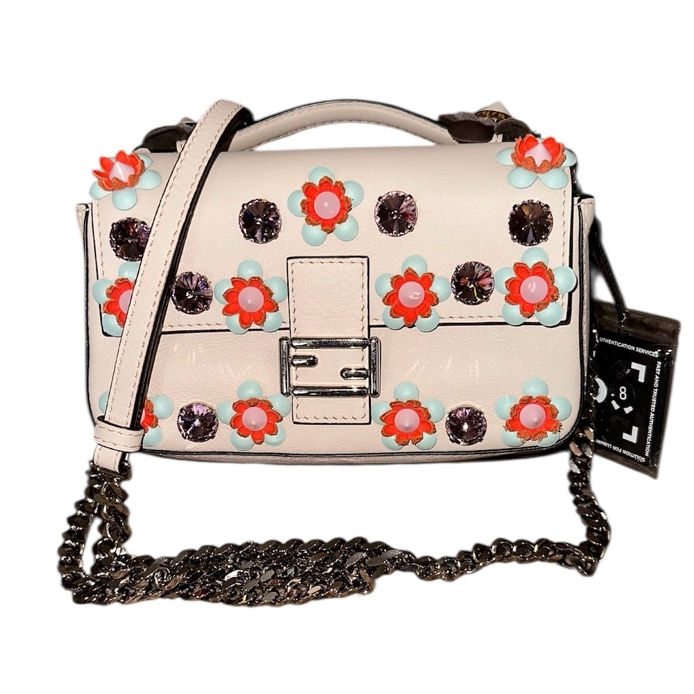 FENDI RARE FLORAL DOUBLE BAGUETTE Embellished Cream Handbag